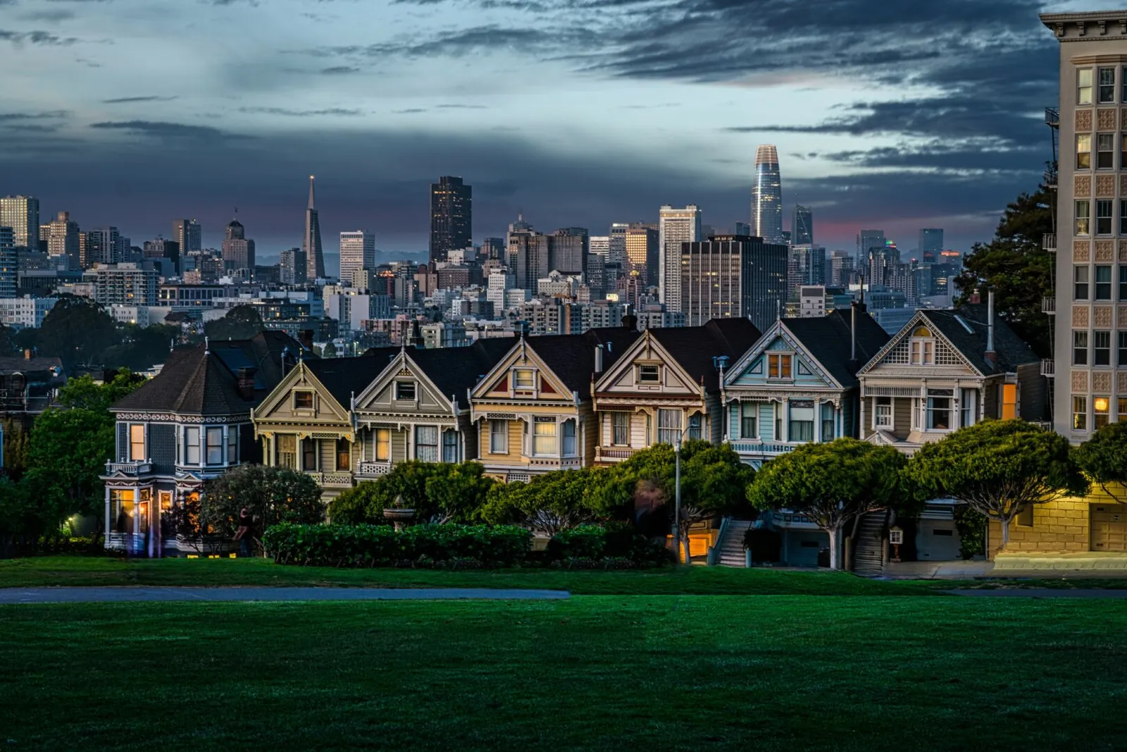 The Painted Ladies and the San Francisco skyline at blue hour