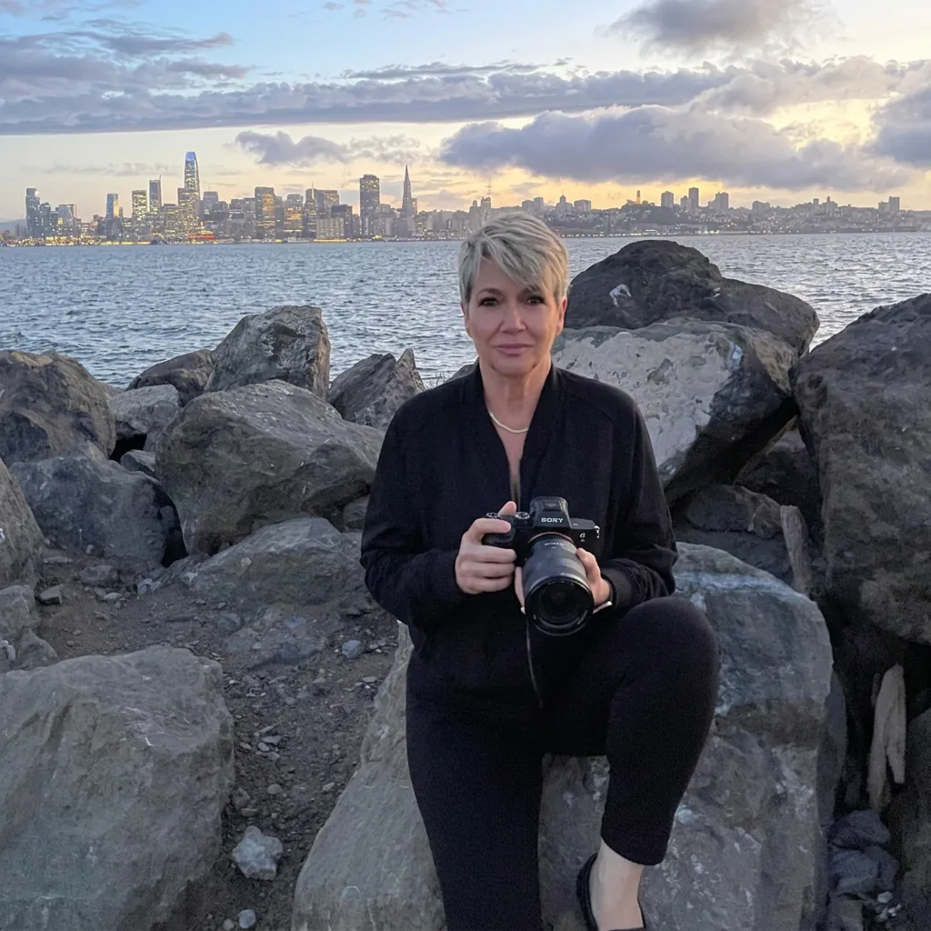 Diane Bentley Raymond holding her camera on the rocks with the San Francisco skyline behind her